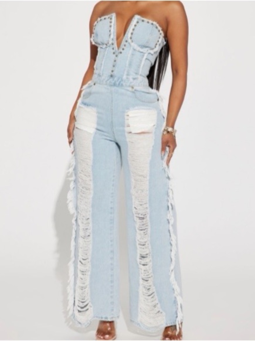 Fashion Nova Light Blue Fringe Skinny Jeans